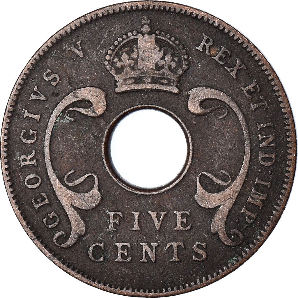 East Africa | 5 Cents Coin | Crown | Tusks | Km:18 | 1921 - 1936