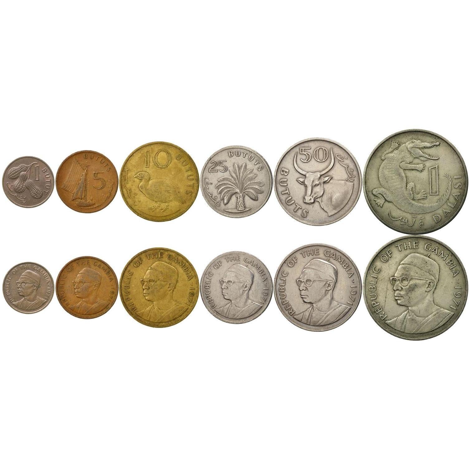 The Gambia | 6 Coin Set | 1 Butut 5 10 25 50 Bututs 1 Dalasi | 1971 - 1974