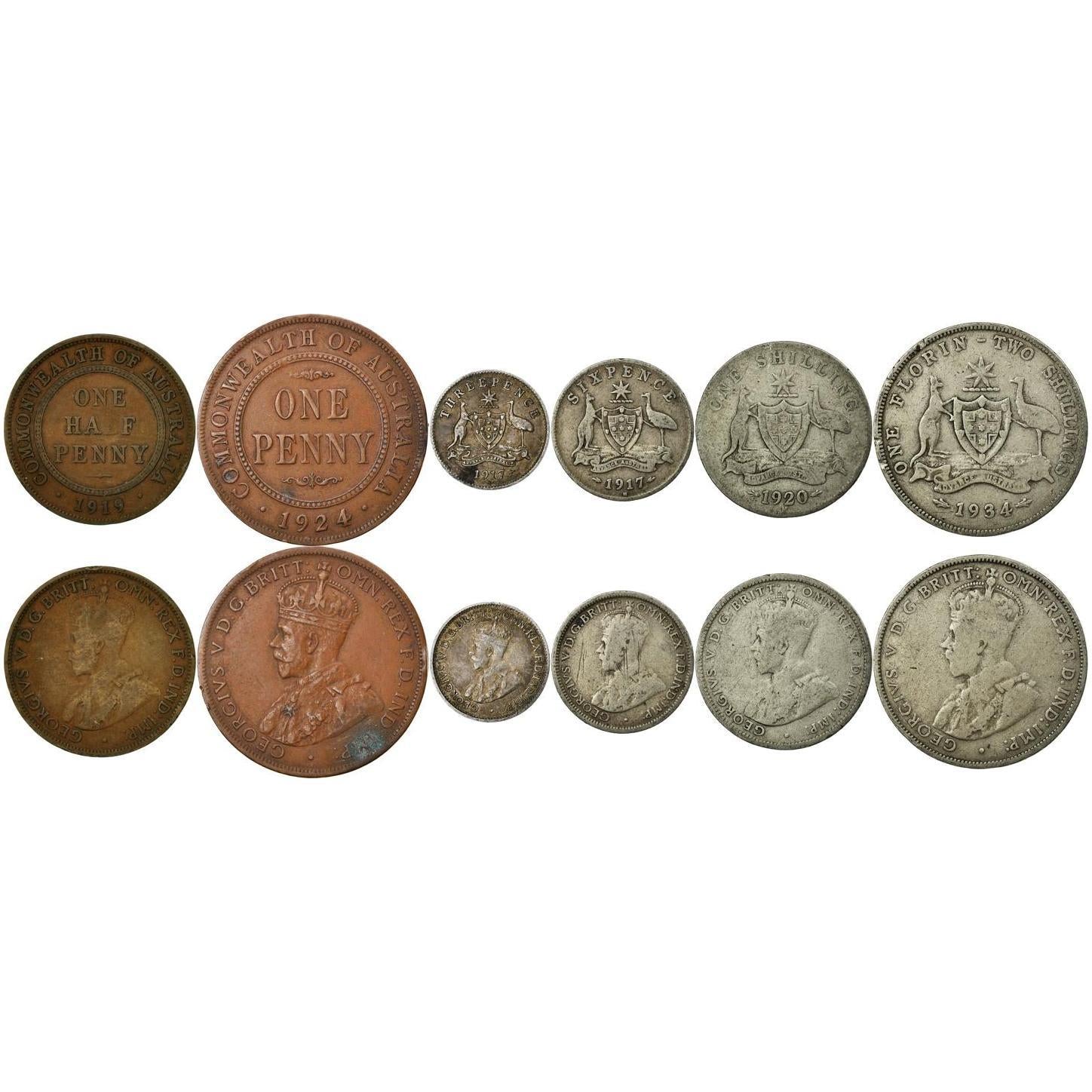 Australia | 6 Coin Set | 1/2 1 Penny 3 6 Pence 1 Shilling 1 Florin | 1911 - 1936