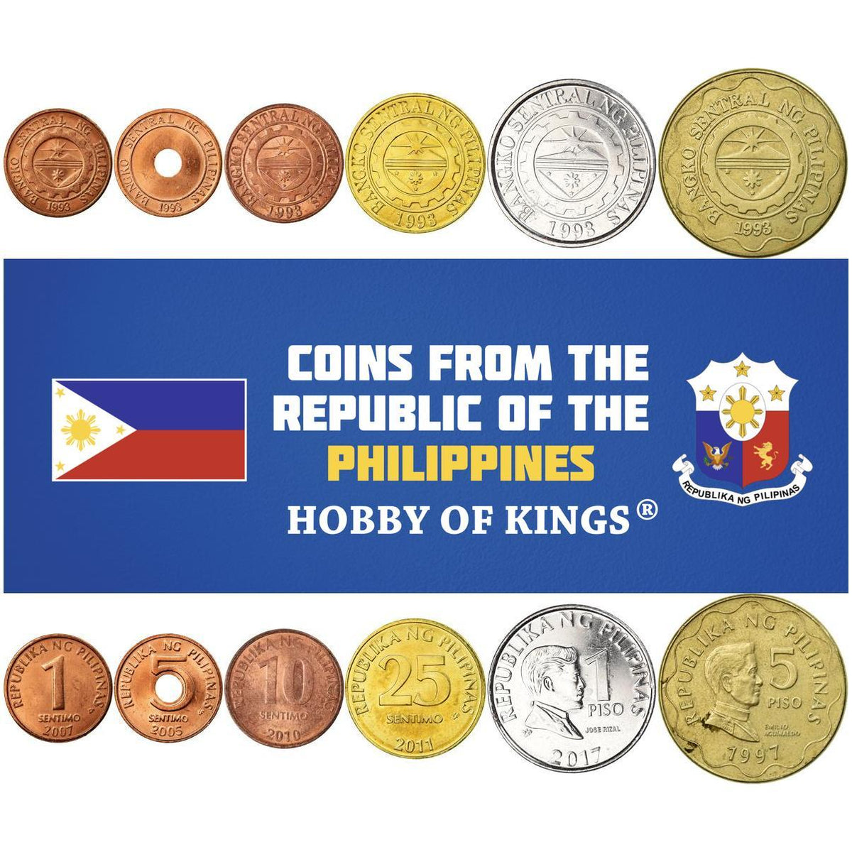 Set 6 Coins Philippines 5 10 25 Sentimos 1 5 10 Peso 1995 - 2017