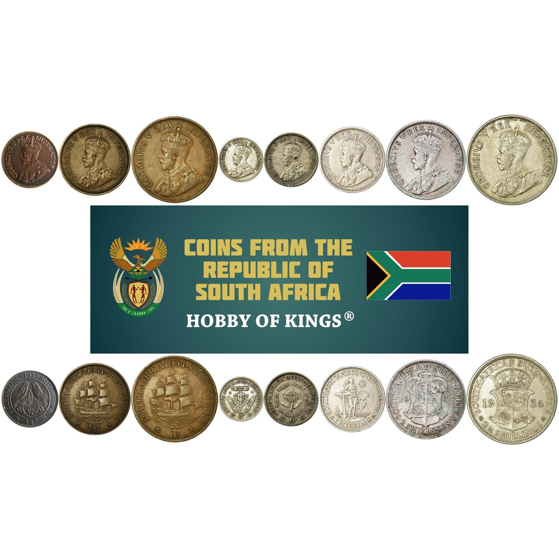 South Africa | 8 Coin Set | 1/4 1/2 1 Penny 3 6 Pence 1 Shilling 2 2 1/2 Shillings | 1931 - 1936