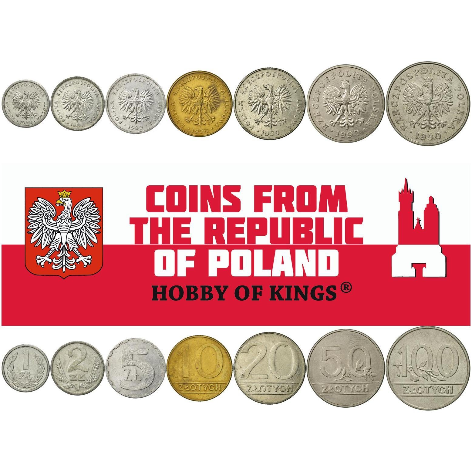 Polish 7 Coin Set 1 2 5 10 20 50 100 Złoty | White Crowned Eagle | Poland | 1989 - 1990