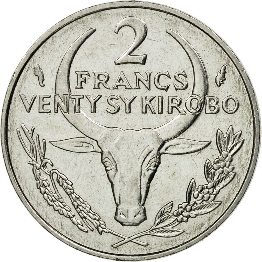 Madagascar | 2 Francs Coin | Zebu | Flower | Km:9 | 1965 - 1989