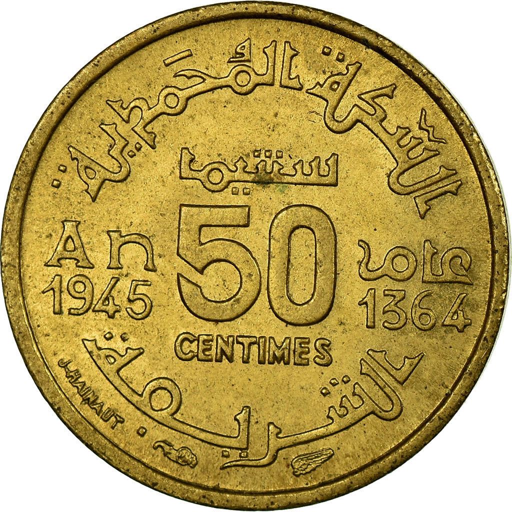 Morocco | 50 Centimes Coin | Sharifian Sultanate | Sultan Mohammed V | Pentagram | Y:40 | 1945