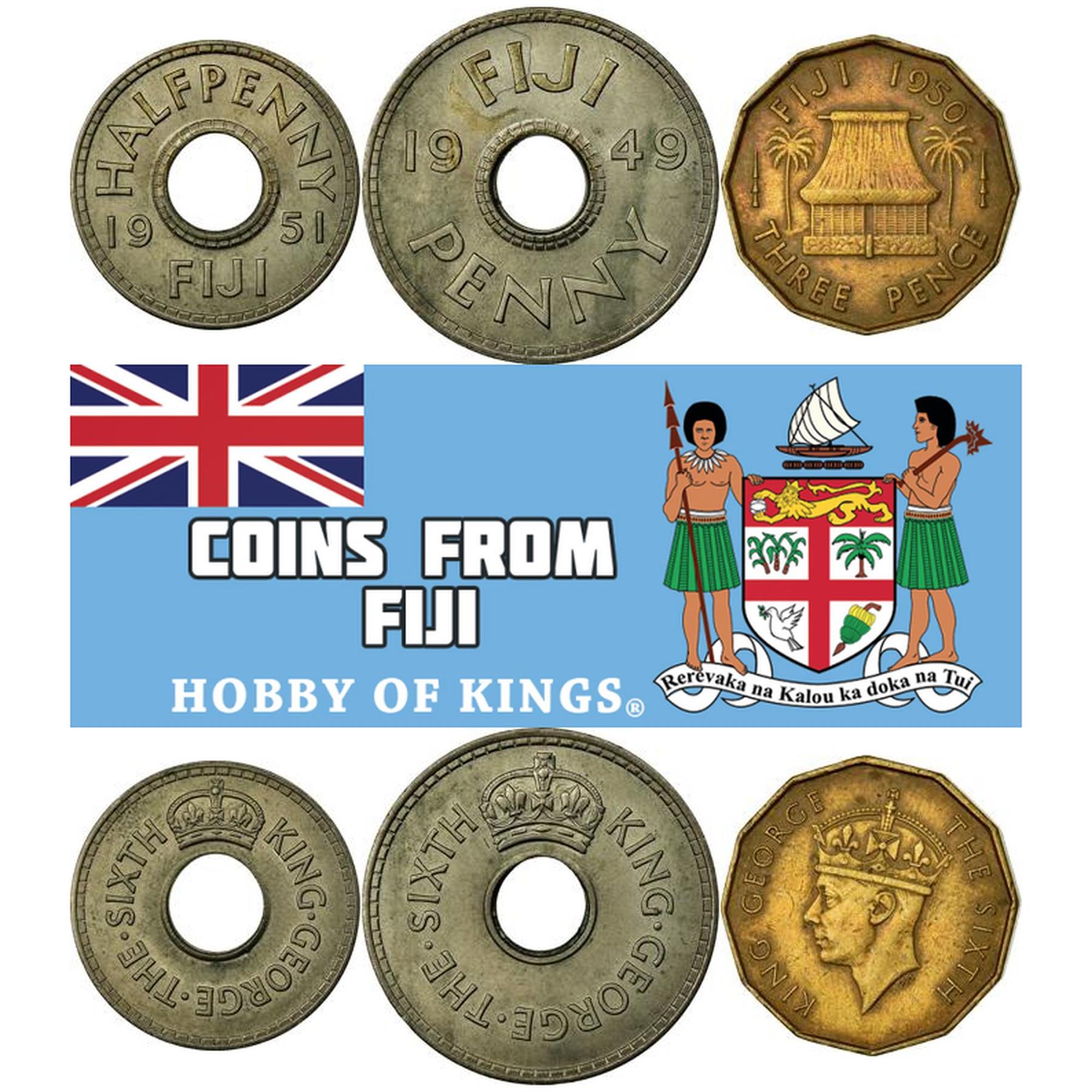 Fiji | 3 Coin Set | 1/2 1 Penny 3 Pence | 1949 - 1952