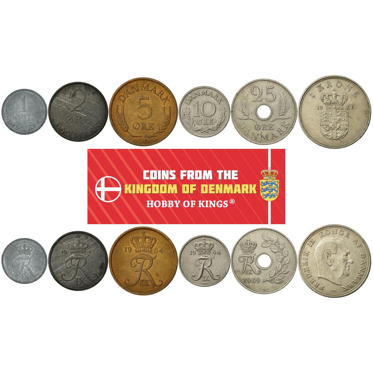 Denmark | 6 Coin Set | 1 2 5 10 25 Ore 1 Krone | 1960 - 1972