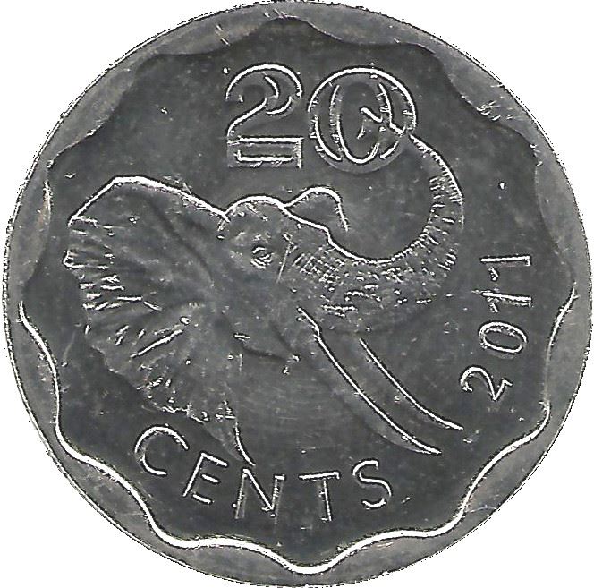 Kingdom of Swaziland | 20 Cents Coin | King Mswati III | Elephant | KM:58 | 2011