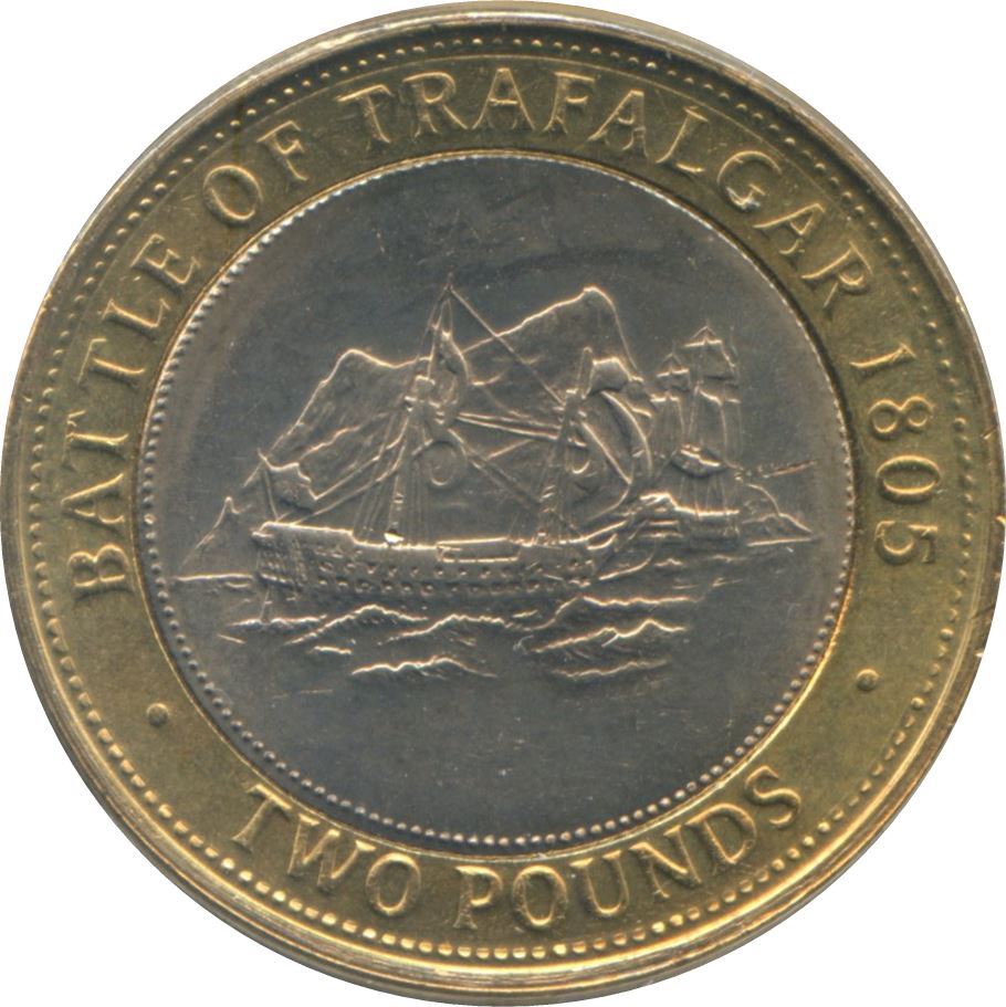 Gibraltar | 2 Pounds Coin | Queen Elizabeth II | Trafalgar Battle | KM1073 | 2005 - 2011