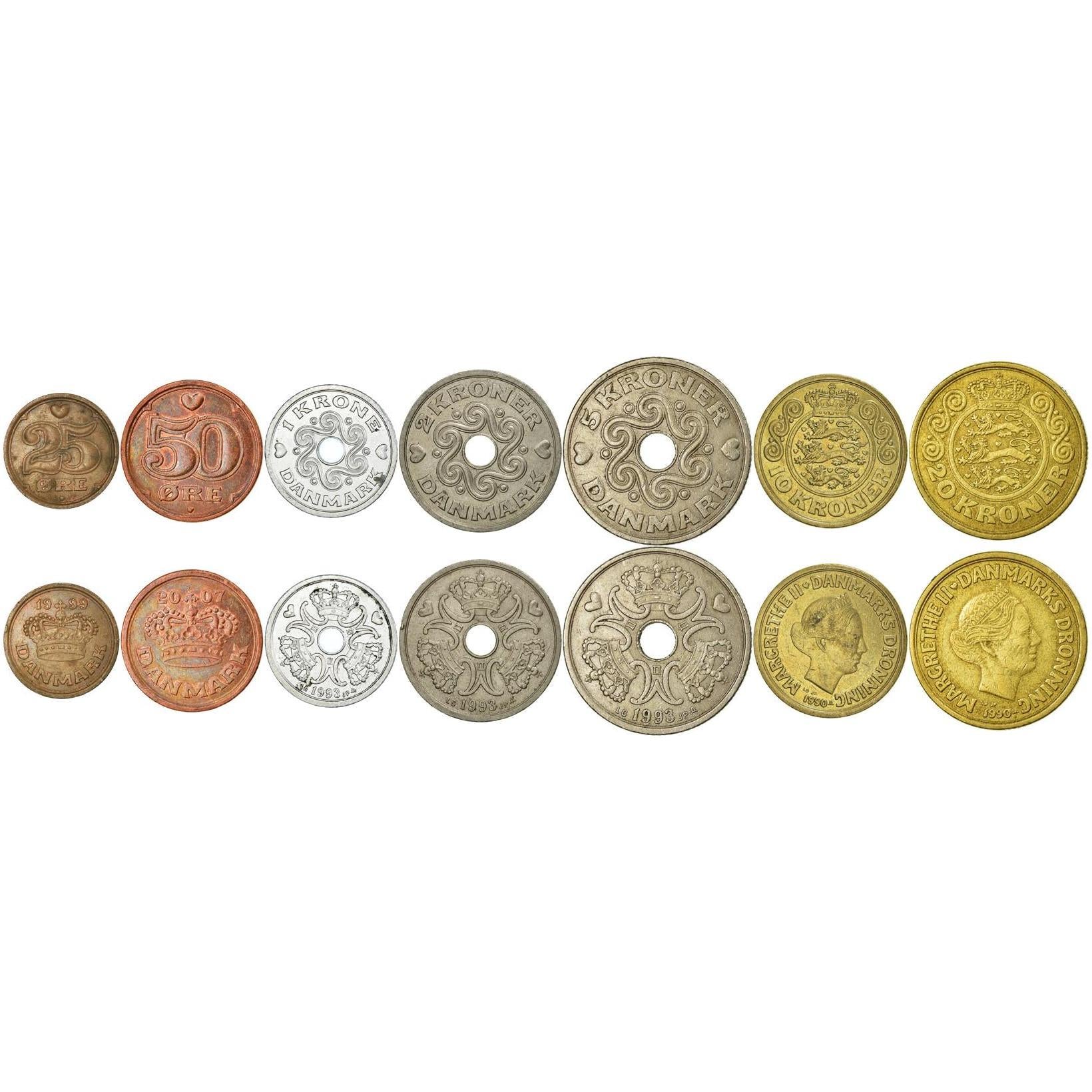 Denmark | 7 Coin Set | 25 50 Ore 1 Krone 2 5 10 20 Kroner | 1989 - 2021