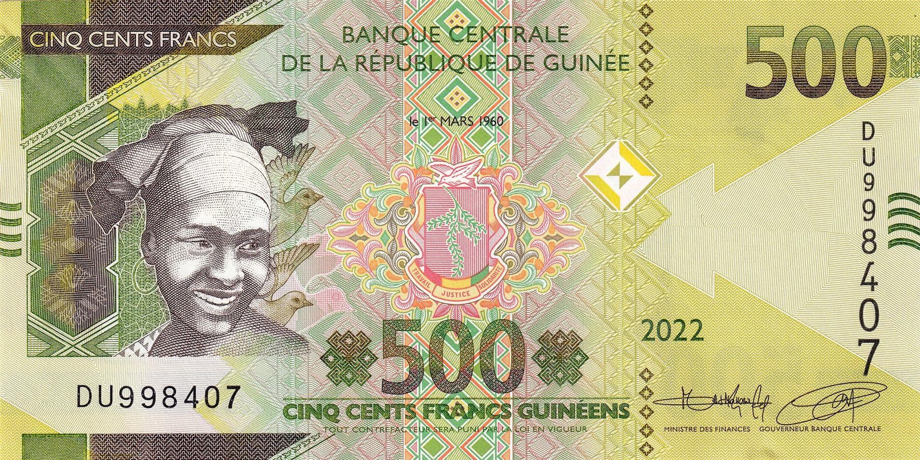 Guinea | 500 Francs Banknote | 2018 - 2024 | Guinean Woman | Doves | Mining Conveyor