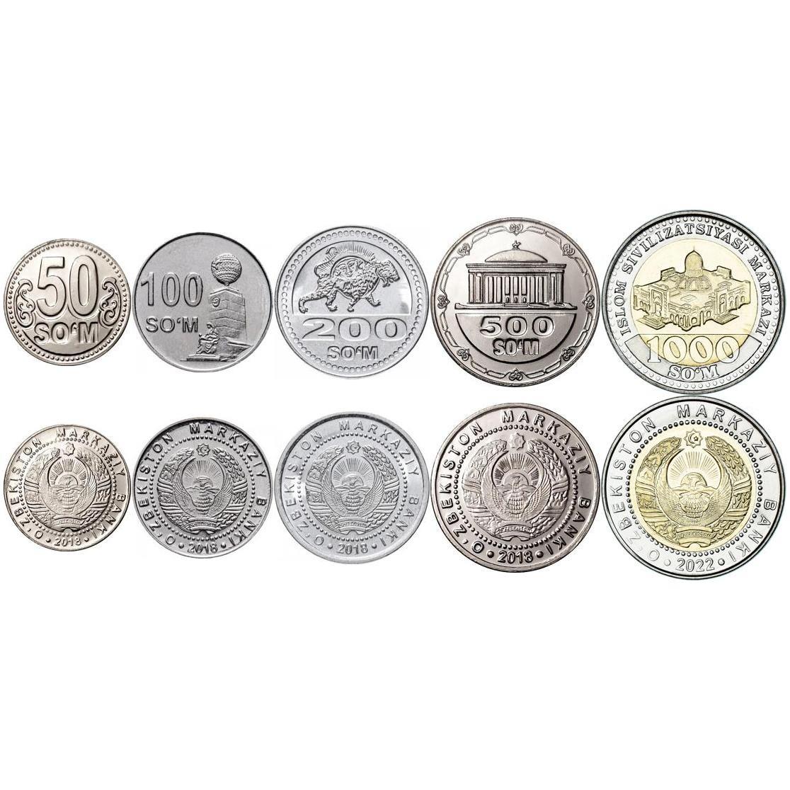 Uzbekistan | 5 Coin Set | 50 100 200 500 1000 SoʻM | 2018 - 2022