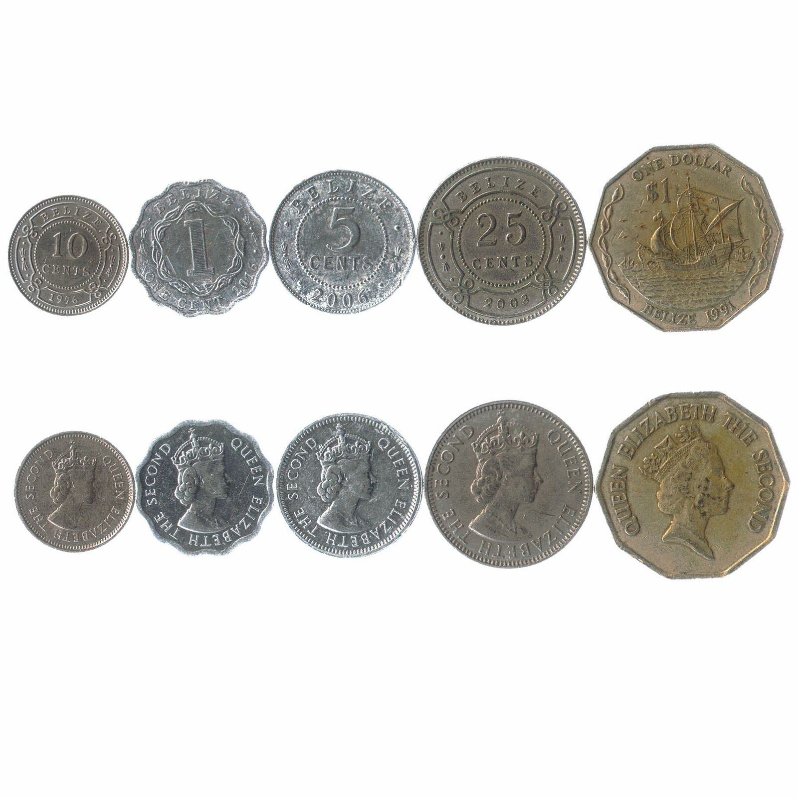 5 Different Coins From Belize Central Amaerican Old Collectible Cents 1 Dollar