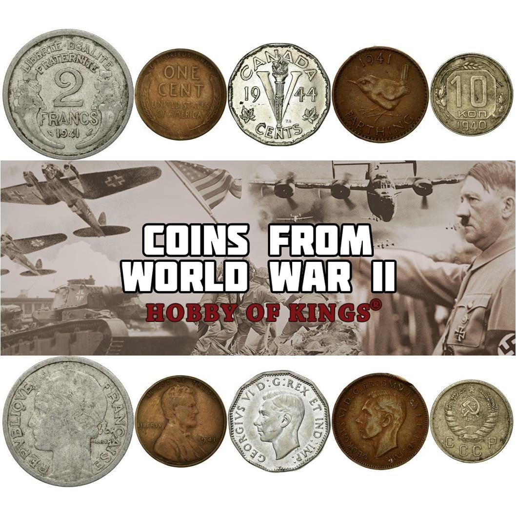 WWII Allied Powers Coin Set - 5 Wartime Coins - 1939-1945 - Canada, USA, Soviet Union, United Kingdom, Free France - World War 2 Currency Collection