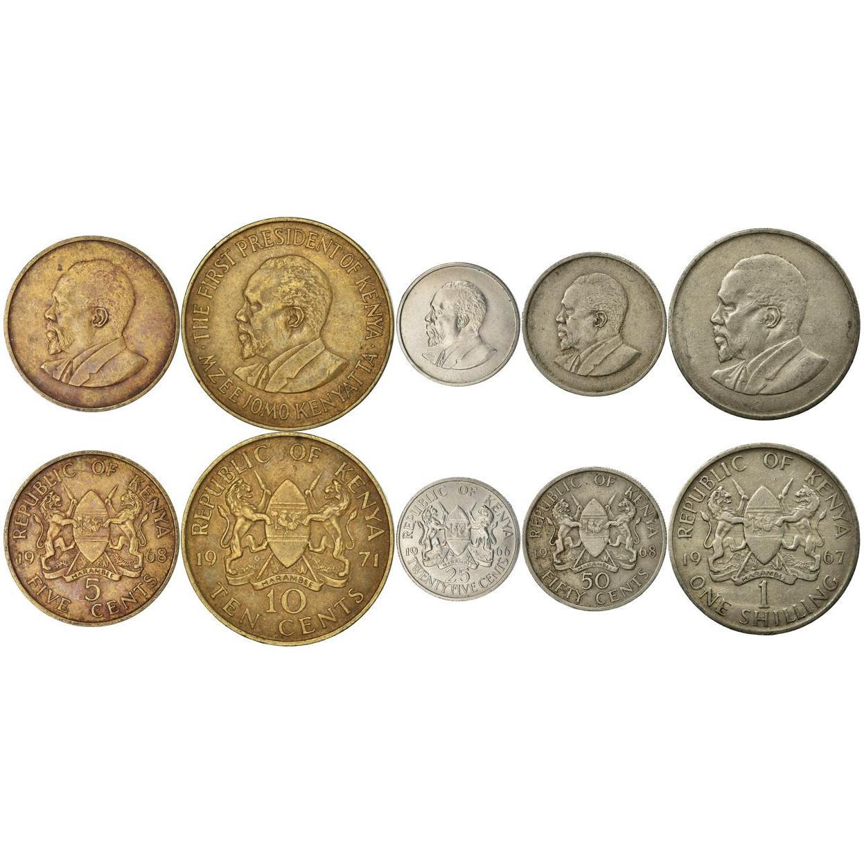Kenya | 5 Coin Set | 5 10 25 50 Cents 1 Shilling | 1966 - 1968