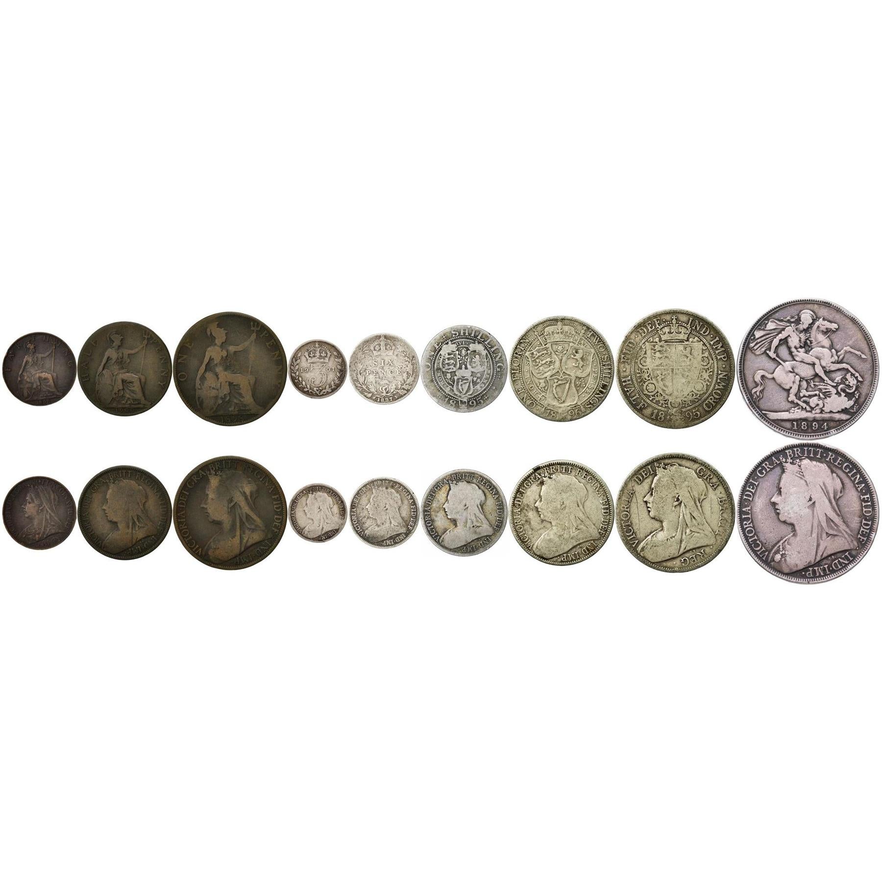 United Kingdom | 9 Coin Set | 1 Farthing 1/2 1 Penny 3 6 Pence 1 Shilling 1 Florin 1/2 1 Crown | 1893 - 1901