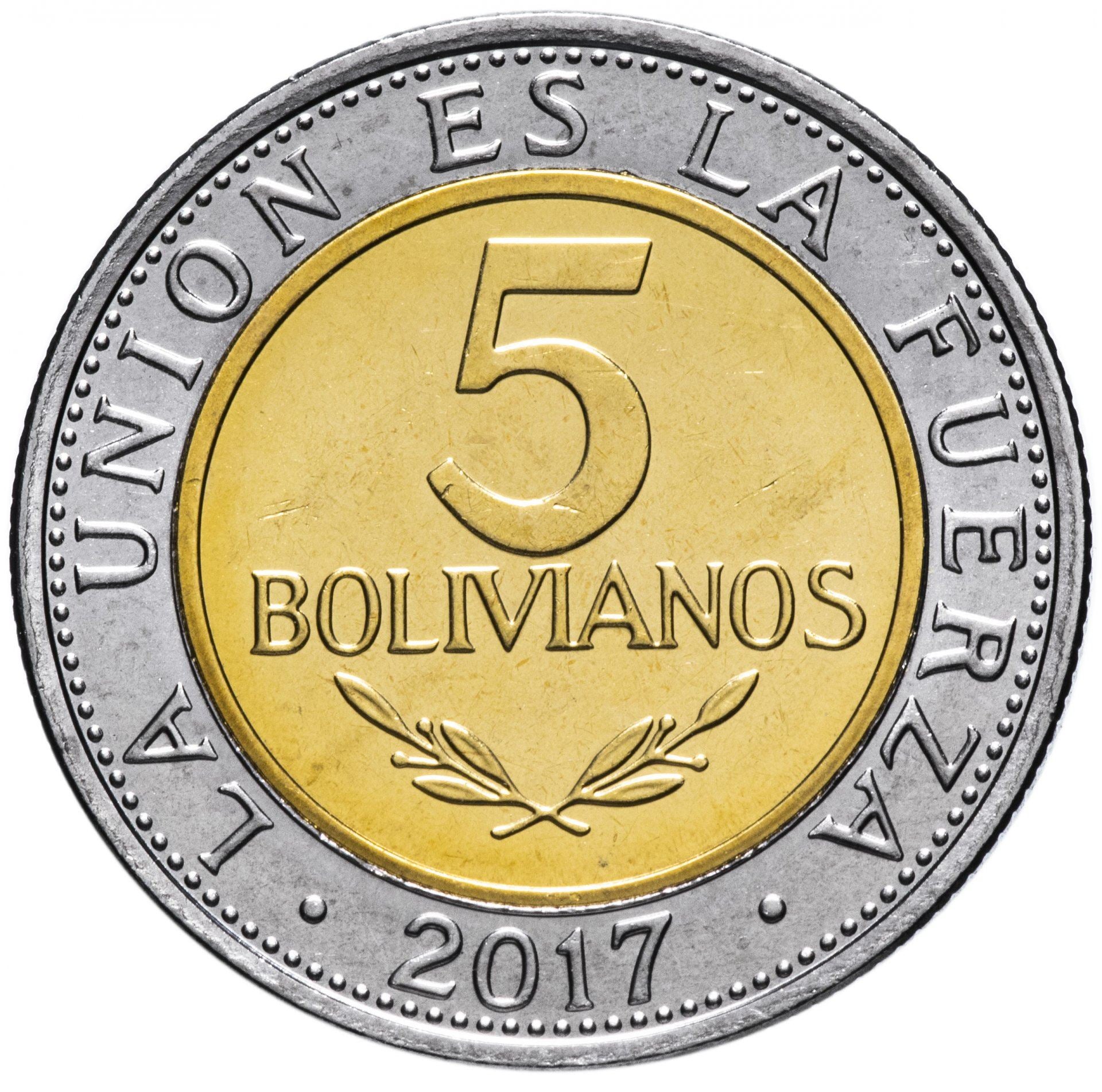 Bolívia | Moeda de 5 bolivianos | Bimetálica | Ave | Bandeira | Brasão de armas | Armas de fogo | KM:224 | 2017