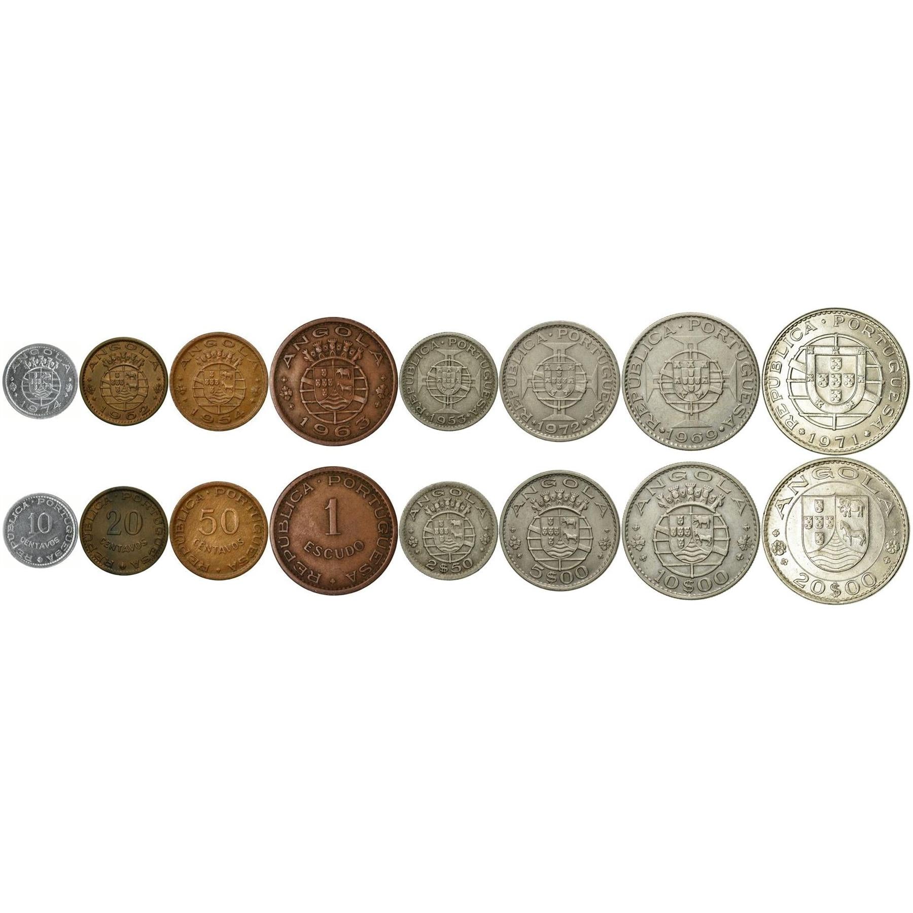 Angola | 8 Coin Set | 10 20 50 Centavos 1 Escudo 2.50 5 10 20 Escudos | 1953 - 1974