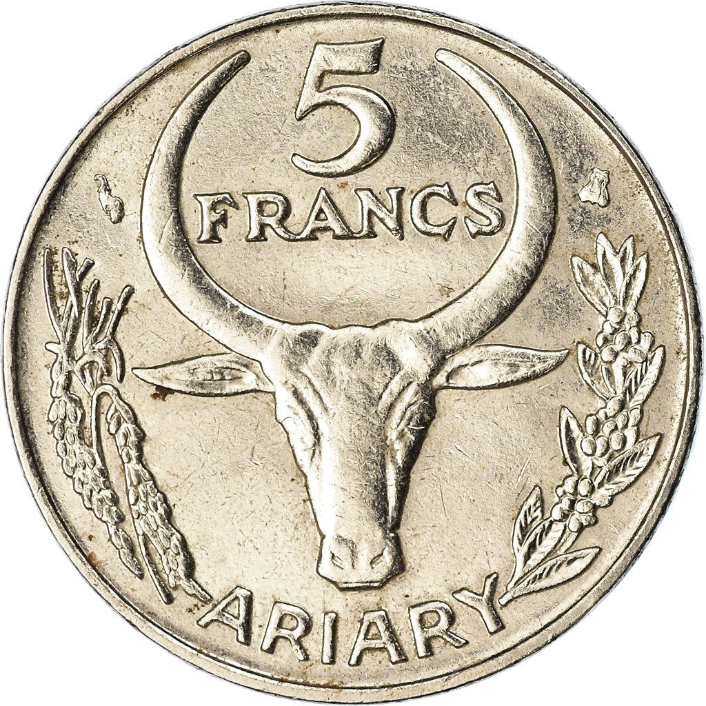 Madagascar | 5 Francs / 1 Ariary Coin | Flower | Zebu | Km:21 | 1996