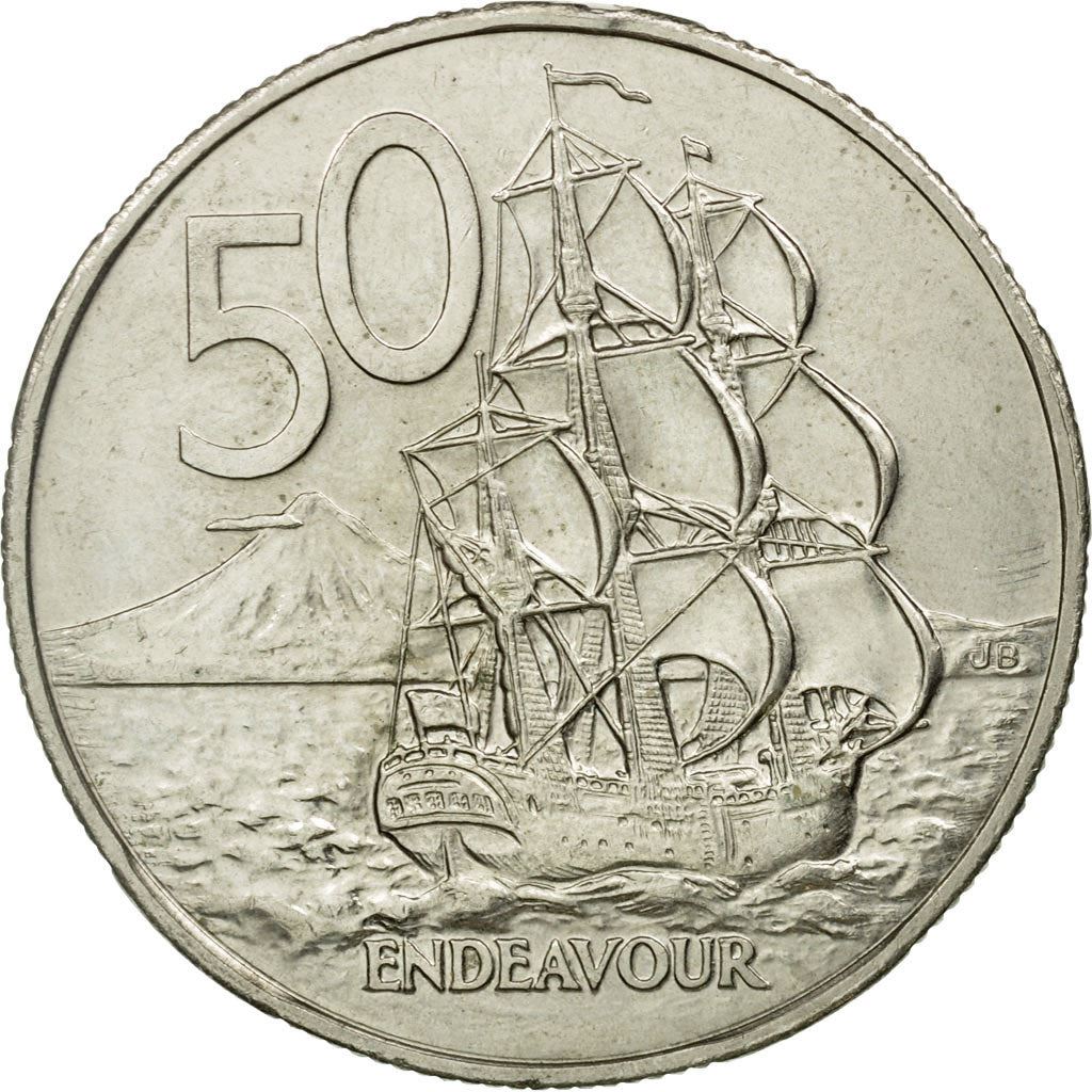 New Zealander 50 Cents Coin | Queen Elizabeth II | Captain James Cook | HMS Endeavour | KM63 | 1986 - 1998