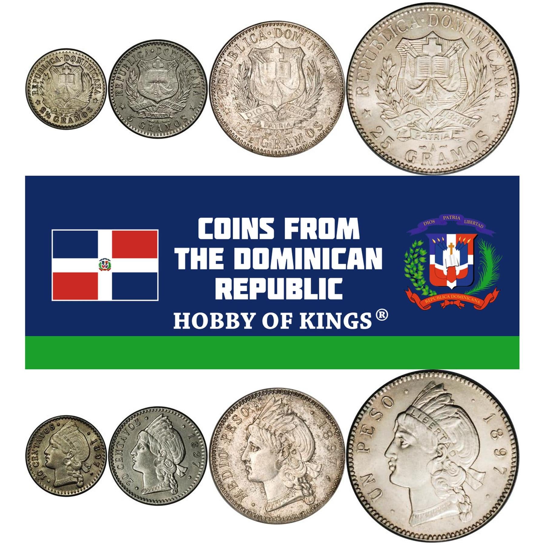 Dominican Republic | 4 Coin Set | 10 20 Centavos 1/2 1 Peso | Indian | Liberty | 1897
