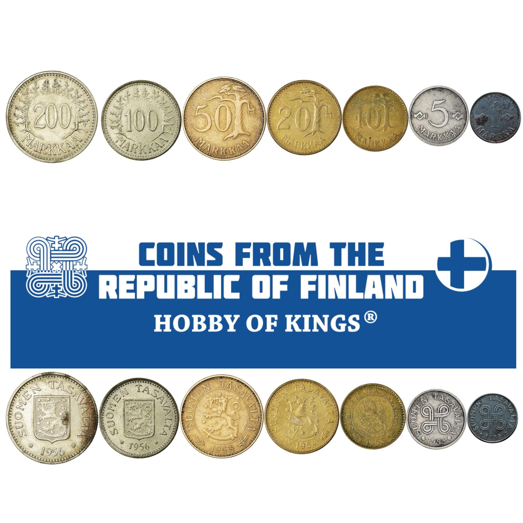 Финский набор из 7 монет 1 5 10 20 50 100 200 марок | Дерево | Крест святого Ханнеса | Финляндия | 1952 - 1962