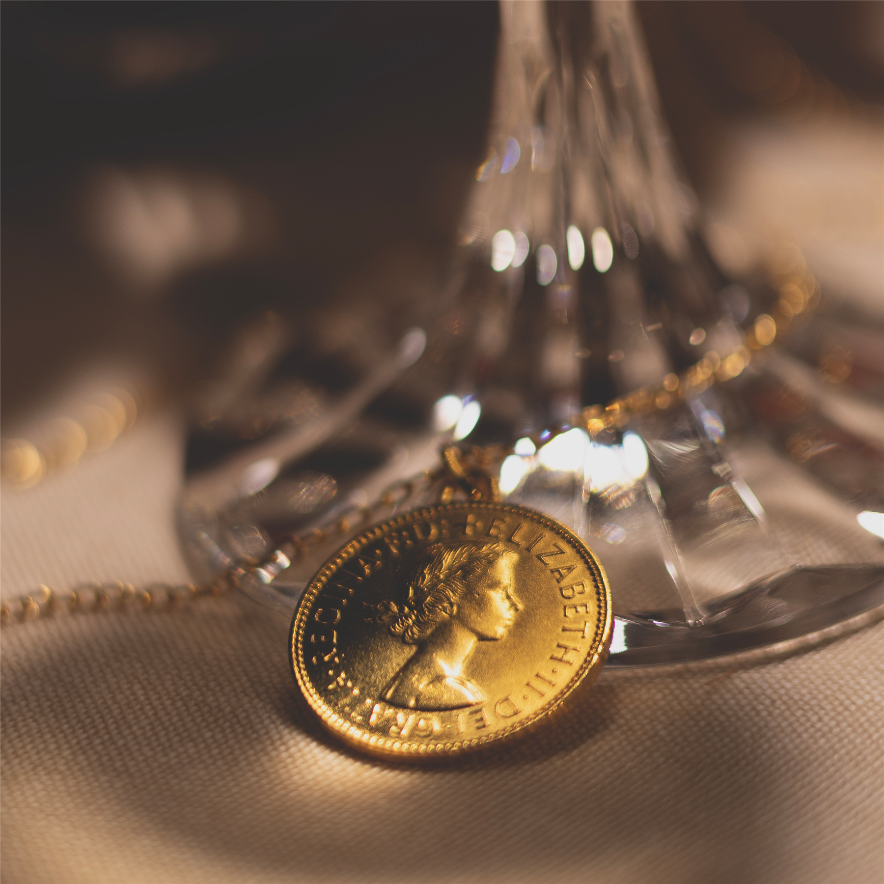 British Coin Necklace | Medallion Pendant Jewelry | 18K Gold Plated 1/2 Penny | Queen Elizabeth II | 1954 - 1970