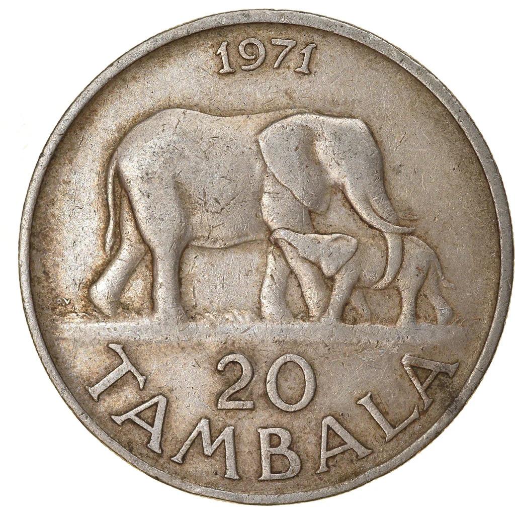 Монета Малави Малавийская | 20 Тамбала | Президент Хастингс Банда | Слон | KM11 | 1971 - 1985