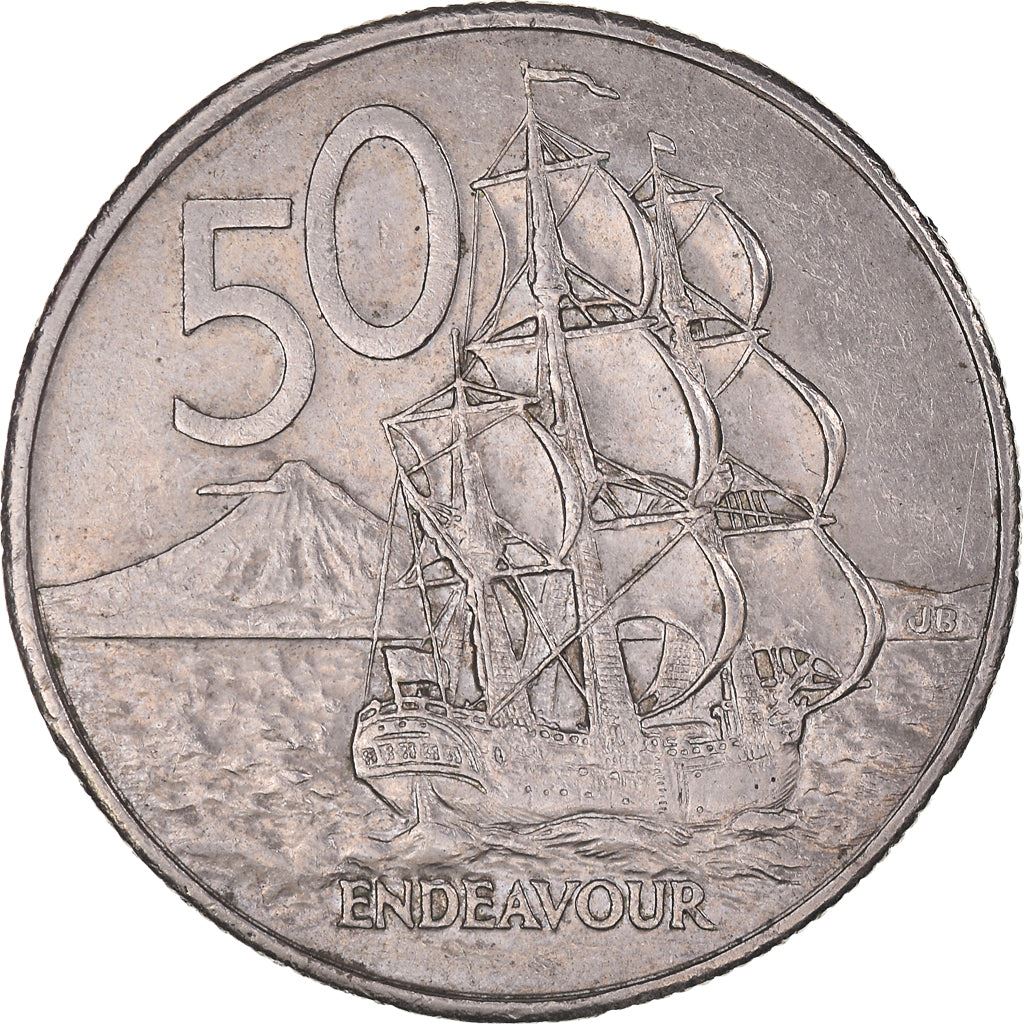 New Zealander 50 Cents Coin | Queen Elizabeth II | Captain James Cook | HMS Endeavour | KM63 | 1986 - 1998
