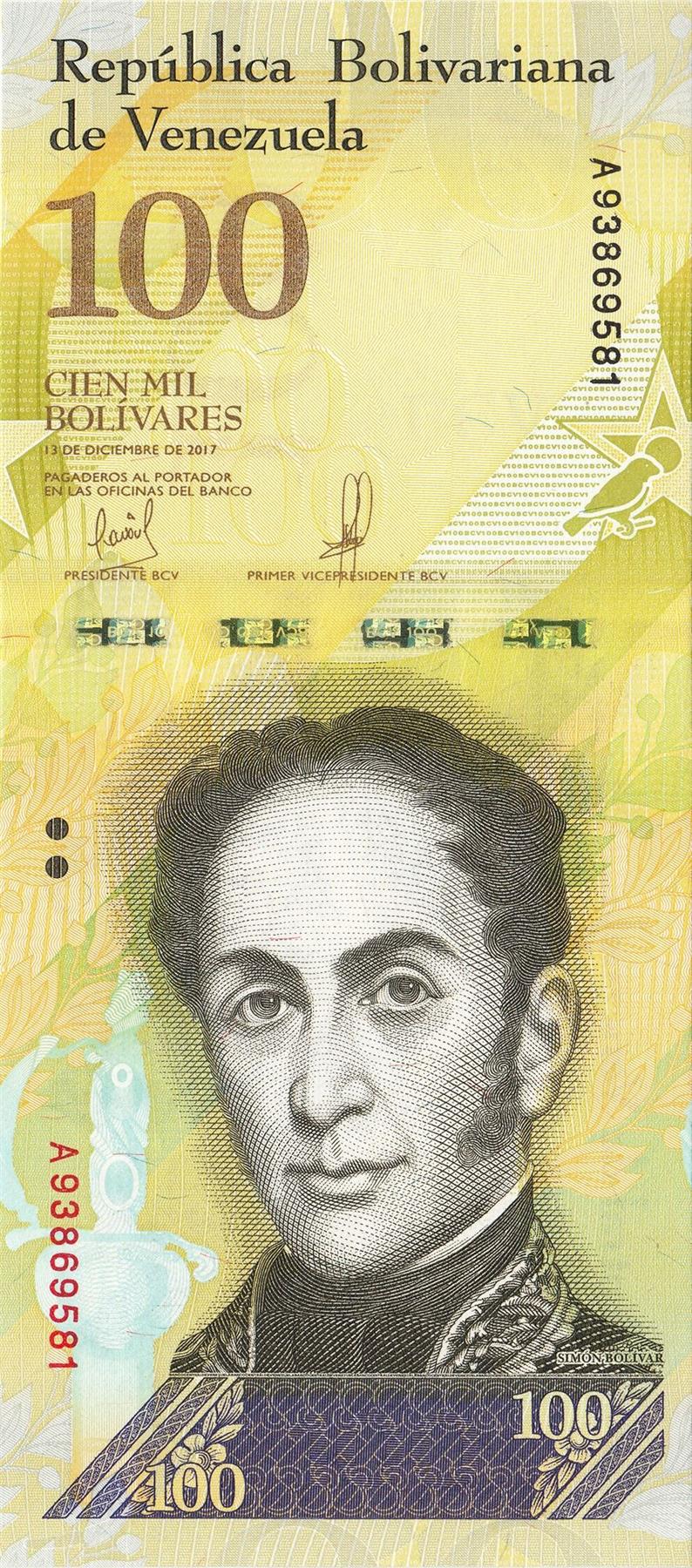 Venezuela | 100 000 Bolivares Banknote | 2017 | 0.44 | Simon Bolivar | Cardenalito | "El Ávila" National Park