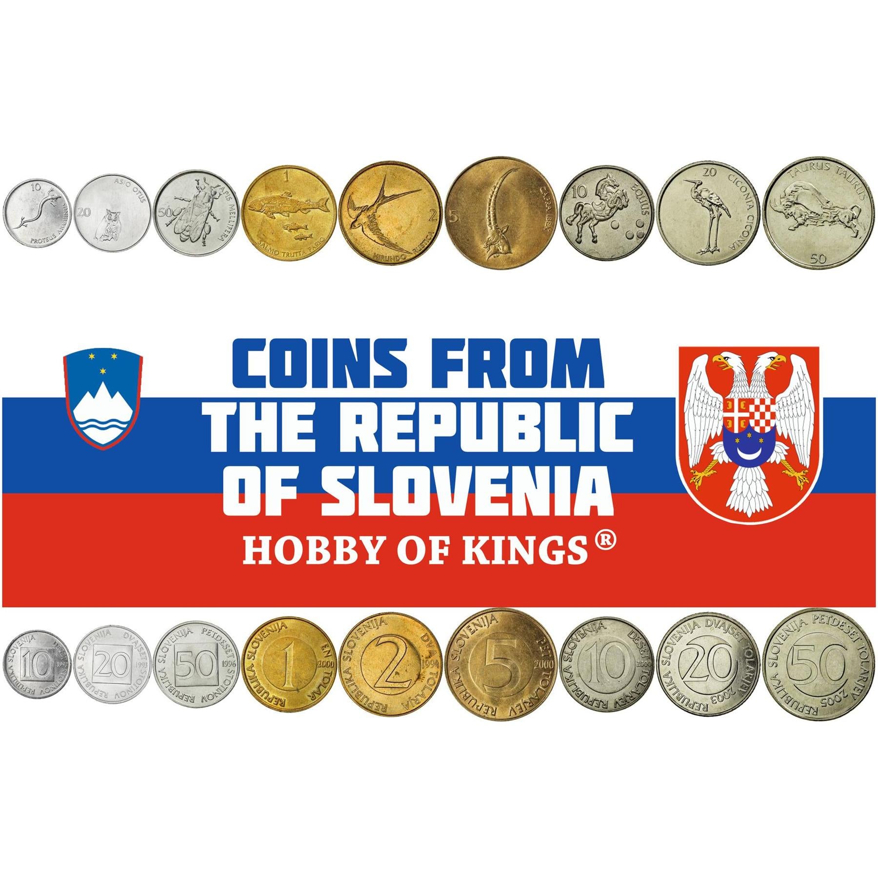 Slovenia 9 Coin Set 10 20 50 Stotinov 1 2 5 10 20 50 Tolarjev | Salamander | Ibex | Bull | Owl | Swallow | Stork | Trout | Bee | 1992 - 2006