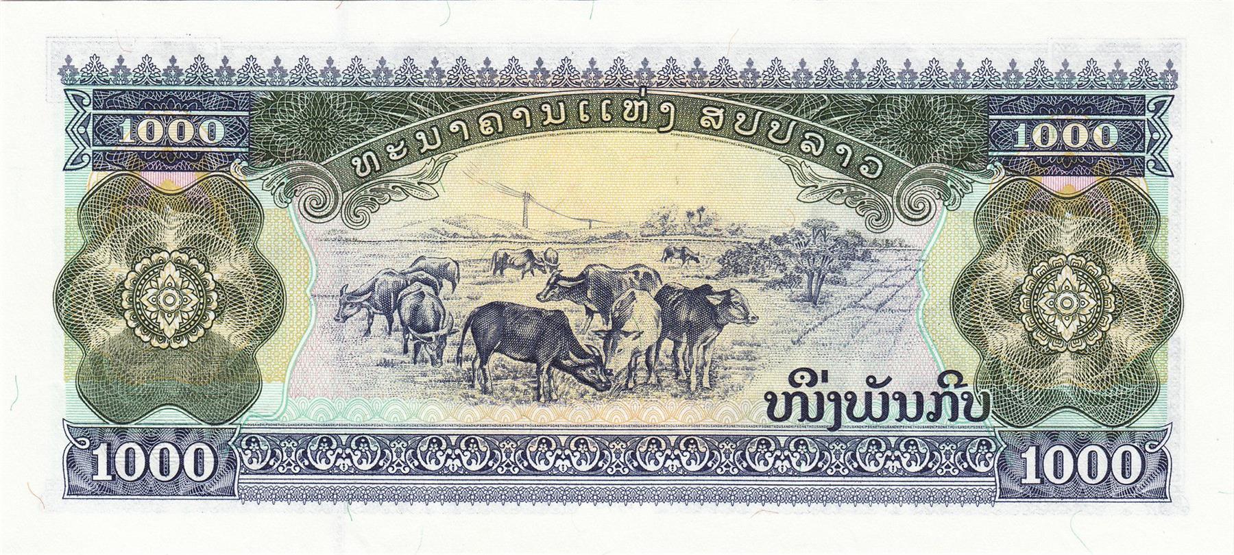 Laos | 1000 Kip Banknote | 1998 - 2020 | Laotians | Wat That Luang Stupa | Cattle Grazing | Power Lines