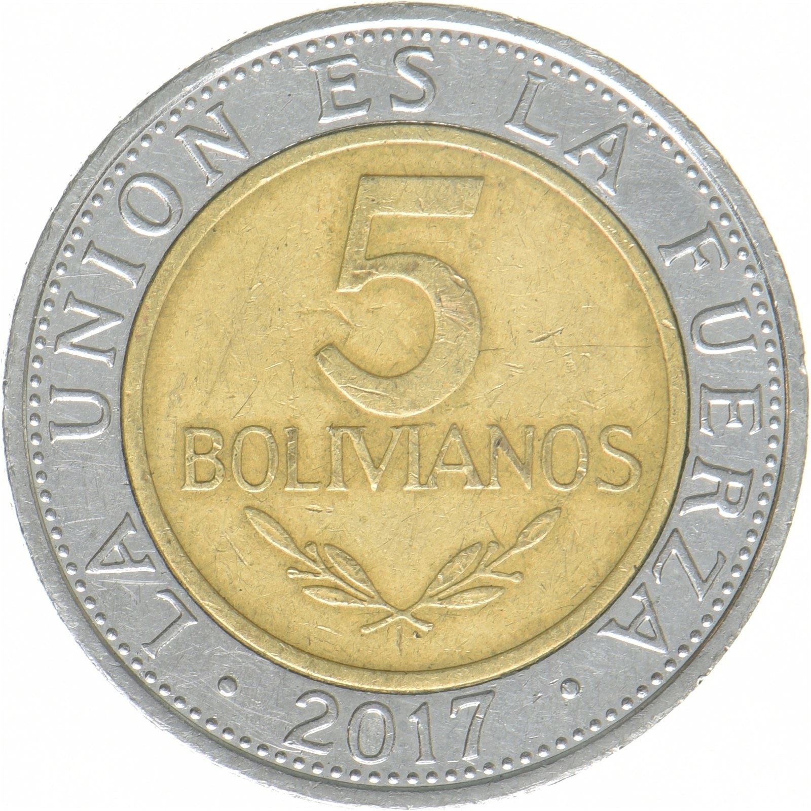 Bolívia | Moeda de 5 bolivianos | Bimetálica | Ave | Bandeira | Brasão de armas | Armas de fogo | KM:224 | 2017