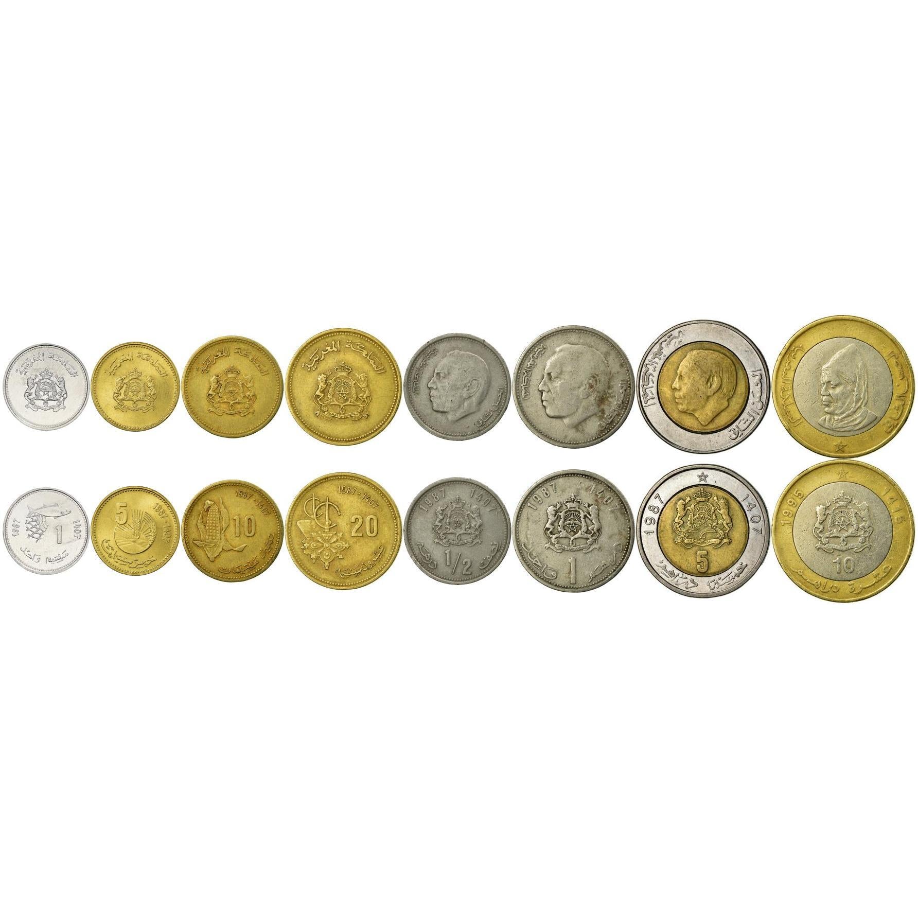 Morocco | 8 Coin Set | 1 Santim 5 10 20 Santimat 1/2 1 Dirham 5 10 Dirhams | 1987 - 1995