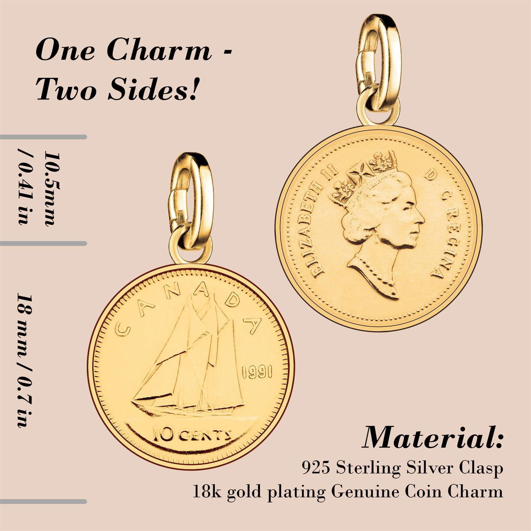 Canadian 10 Cents Coin Charm | 925 Sterling Silver 18K Gold Plated | 1990 - 2003