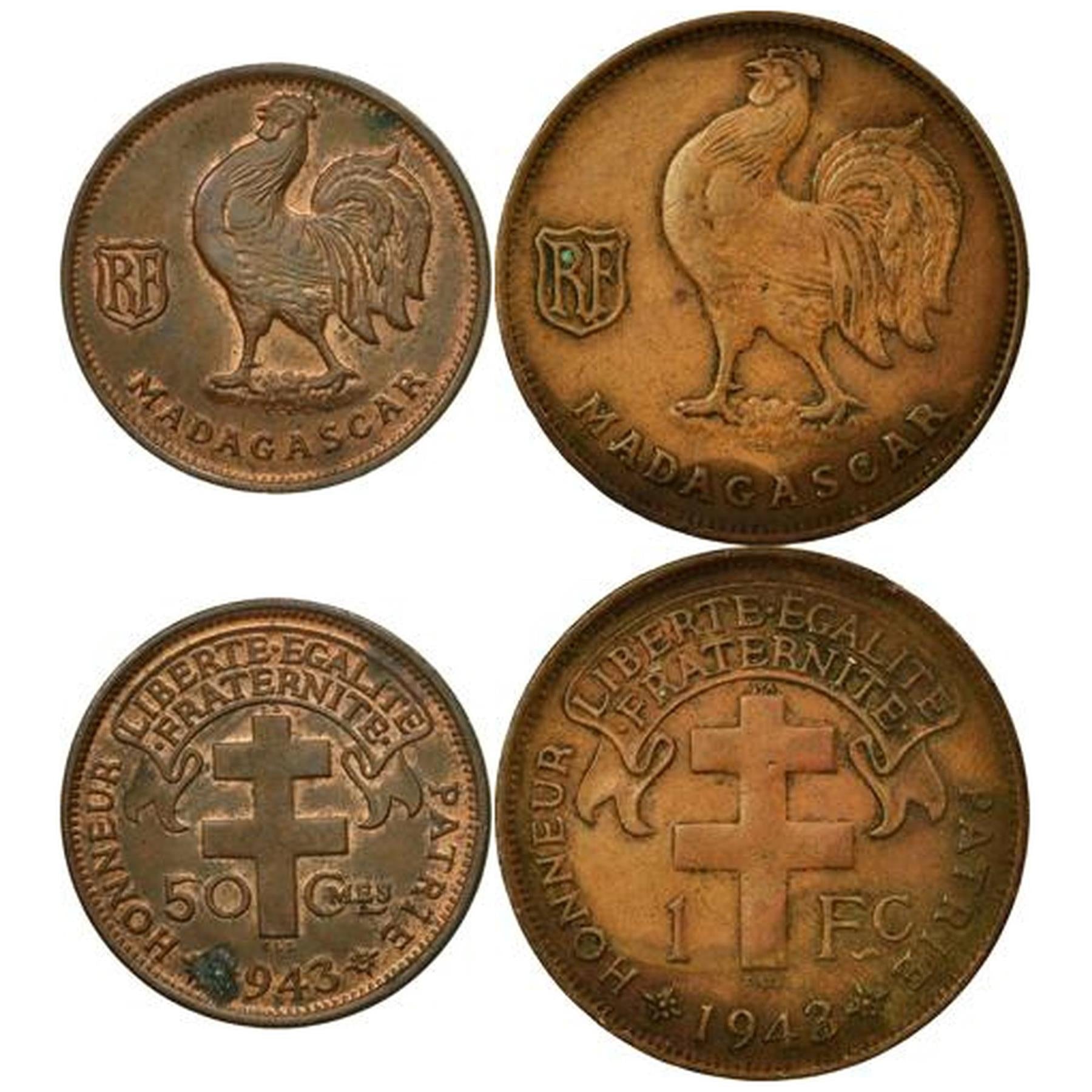 Madagascar | 2 Coin Set | 50 Centimes 1 Franc | 1943