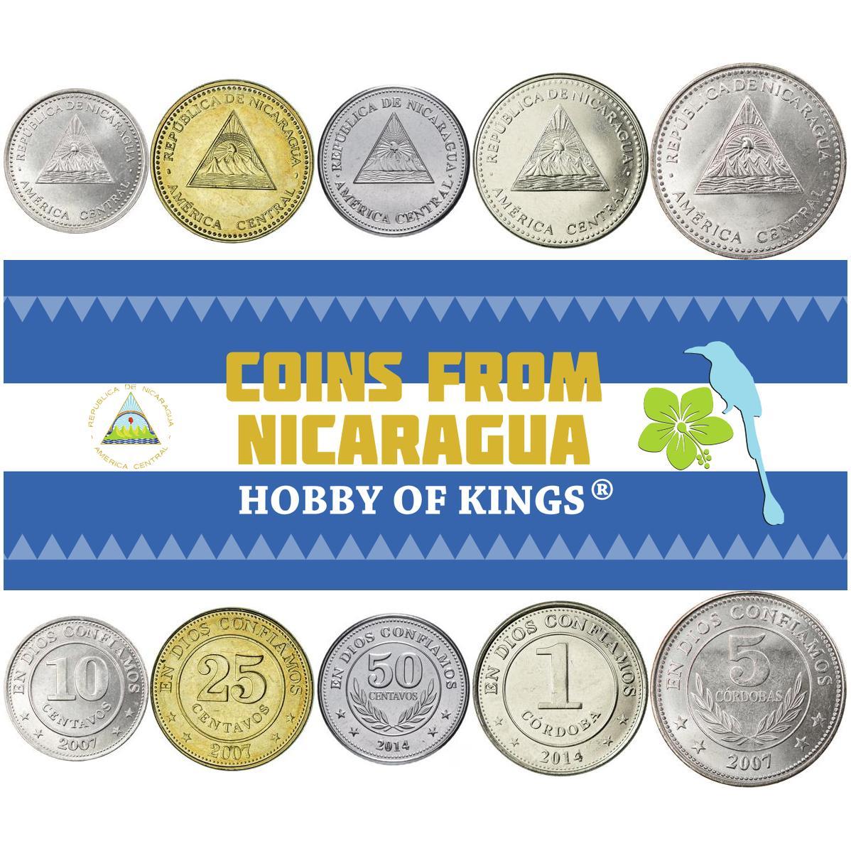Nikaragva | 5 monetų rinkinys | 10 25 50 centavų 1 5 kordobų | Vaivorykštė | 2007 - 2015