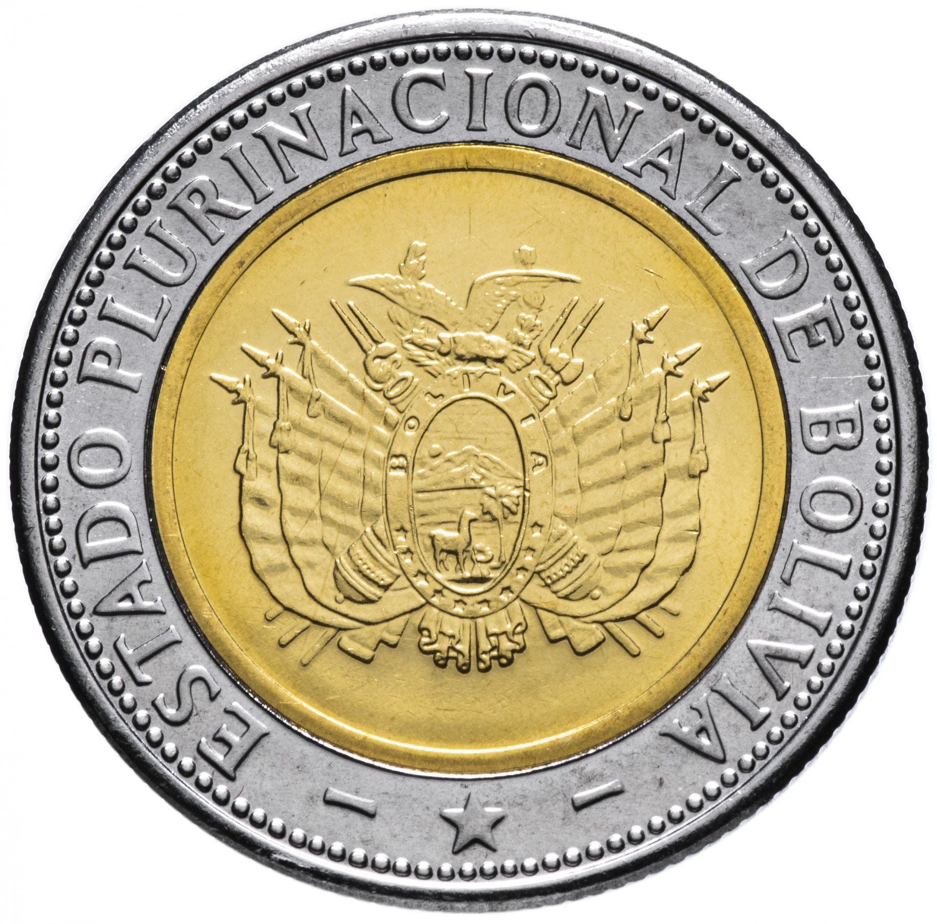 Bolívia | Moeda de 5 bolivianos | Bimetálica | Ave | Bandeira | Brasão de armas | Armas de fogo | KM:224 | 2017
