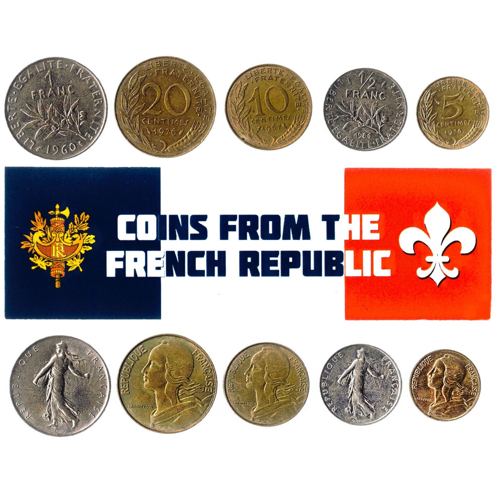 5 Mixed Coins From France | Centime - Franc | 1950 - 2001