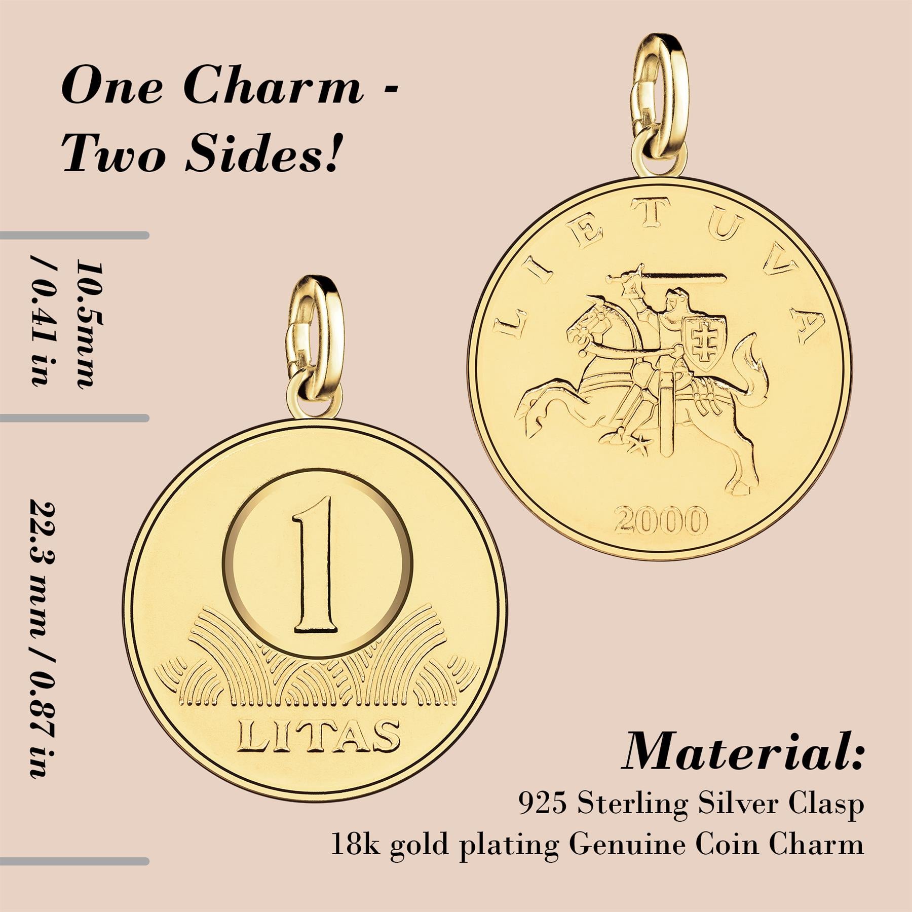 Lithuanian 1 Litas Coin Charm | 925 Sterling Silver 18K Gold Plated | 1998 - 2014