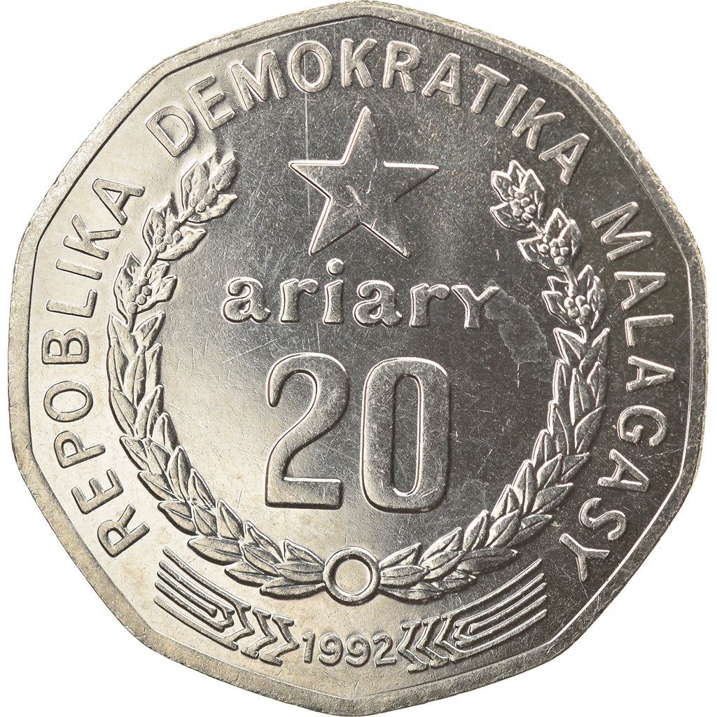 Madagascar | 20 Ariary Coin | Star | Tractor | Farmer | Km:19 | 1992