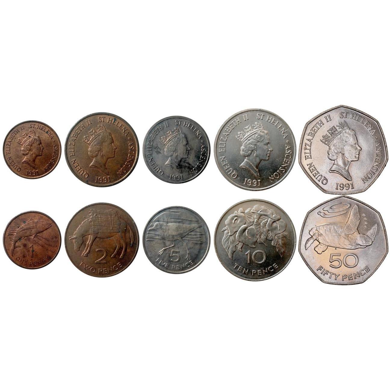 סנט הלנה ואסנשן | סט של 5 מטבעות | 1 פני 2 5 10 50 פני | 1991
