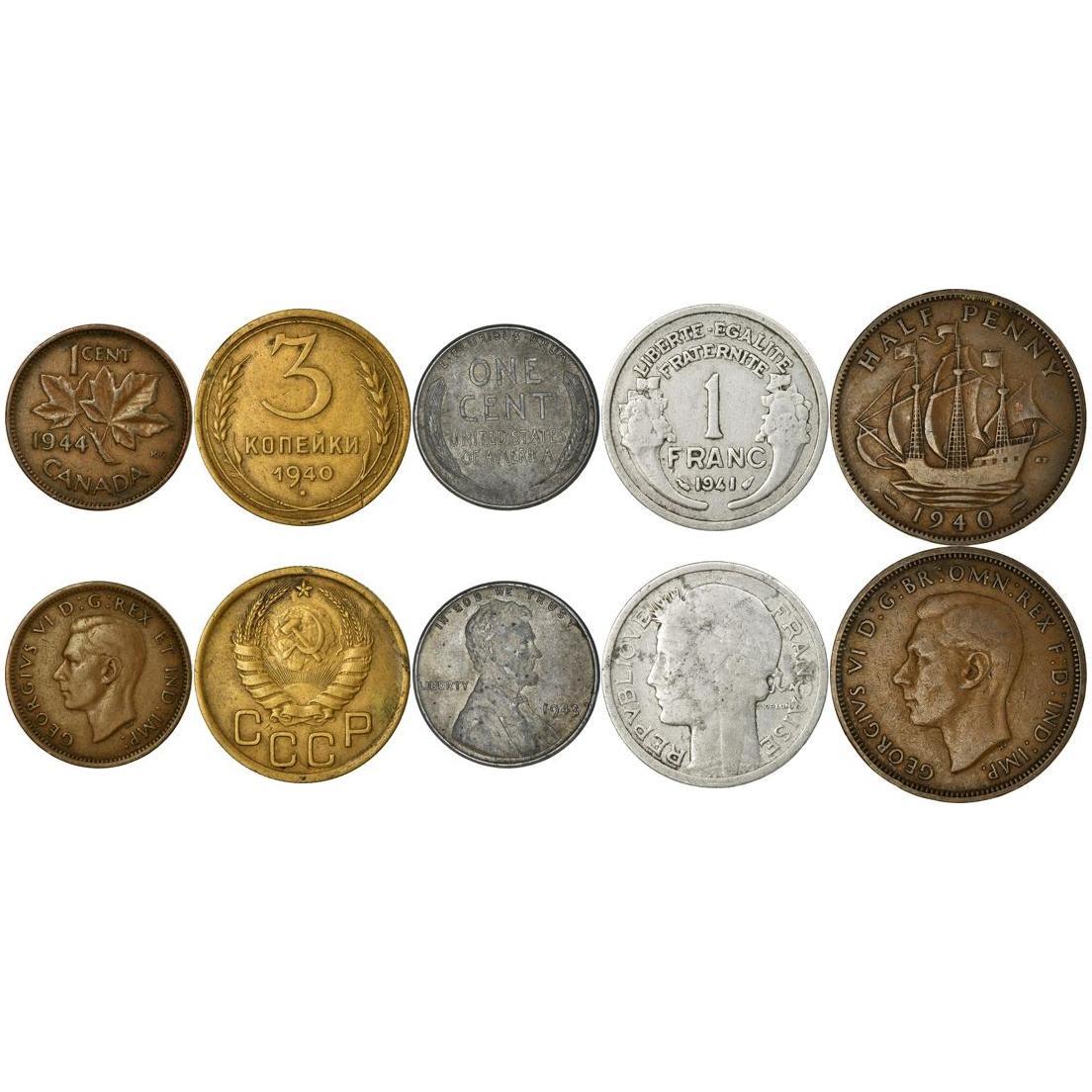 WWII Allied Powers Coin Set - 5 Wartime Coins - 1939-1945 - Canada, USA, Soviet Union, United Kingdom, Free France - World War 2 Currency Collection