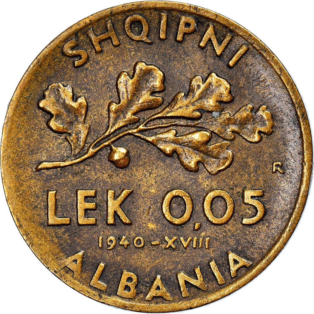 Albanian 0.05 Lek Coin | Vittorio Emanuele III | Oak | Acorn | KM27 | 1940 - 1941