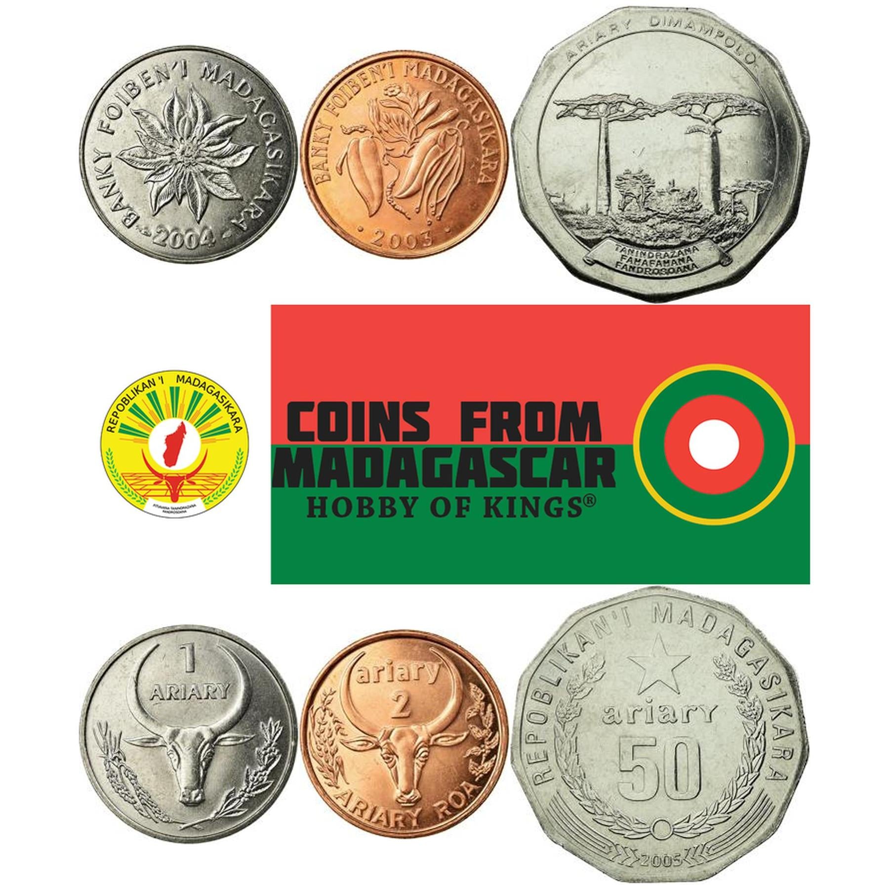 Madagascar | 3 Coin Set | 1 2 50 Ariary | 2003 - 2005