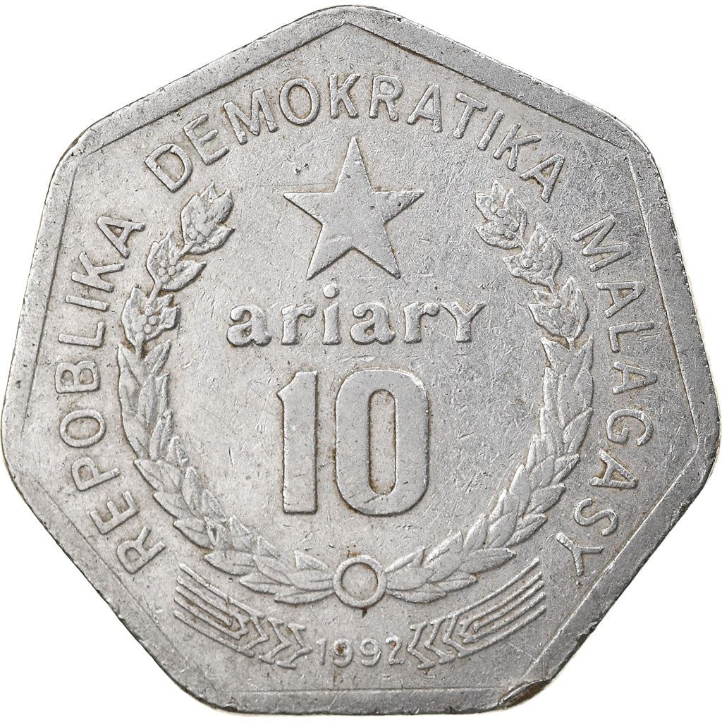 Madagaskaras | 10 Ariary moneta | Žvaigždė | Darbininkas | Durpės | Km:18 | 1992