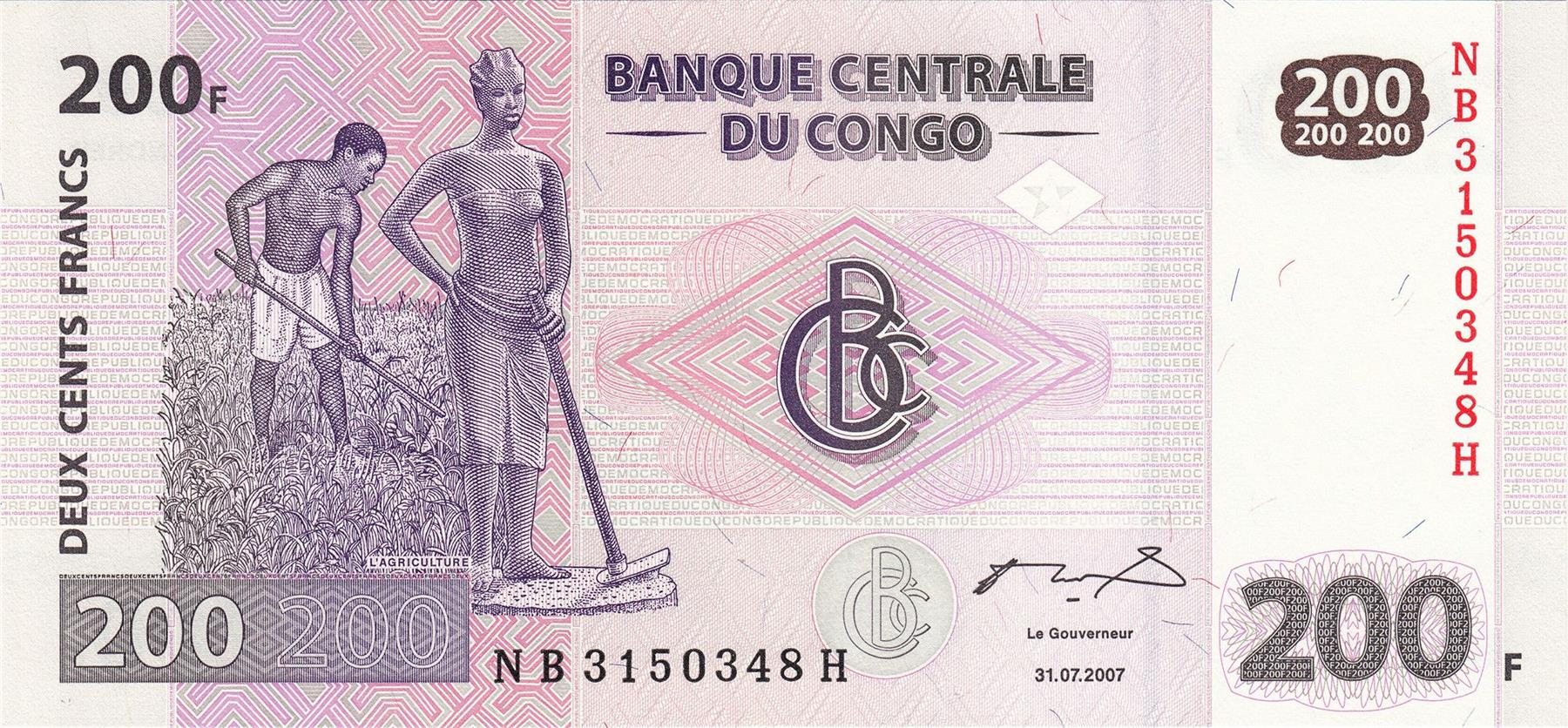 República Democrática del Congo | Billete de 200 francos | 2007 - 2024 | Fieldworkder | Escultura agrícola | Tambores telegráficos Gong
