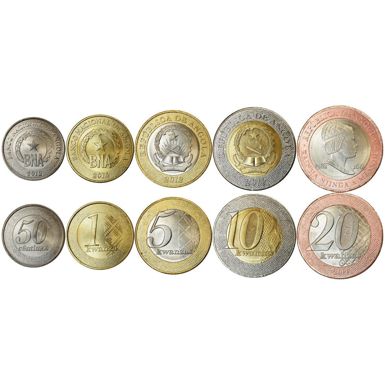 Angola | 5 Coin Set | 50 Centimos 1 Kwanza 5 10 20 Kwanzas | 2012 - 2014