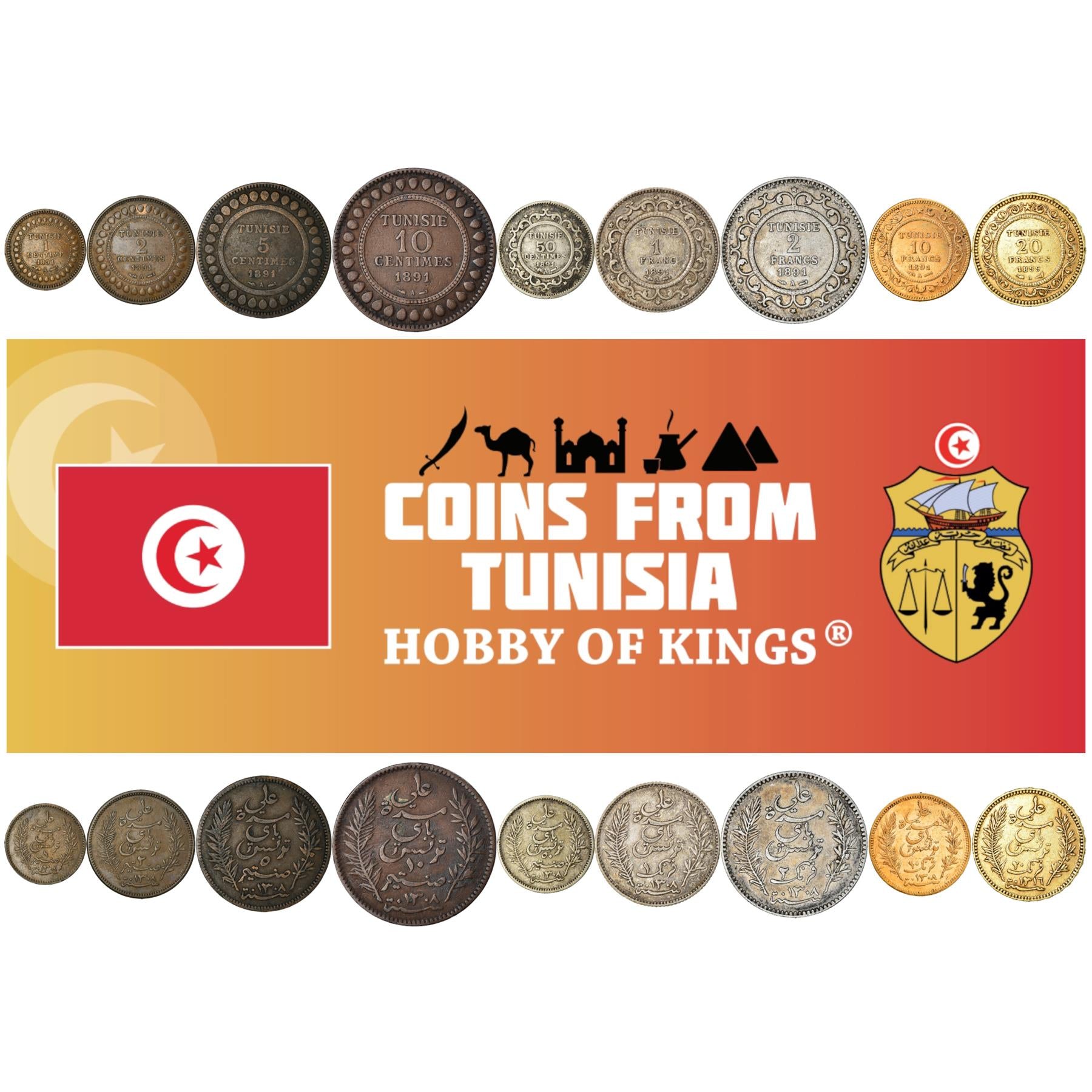 Tunisian 9 Coin Set 1 2 5 10 50 Centimes 1 2 10 20 Francs | Tunisia | 1890 - 1902