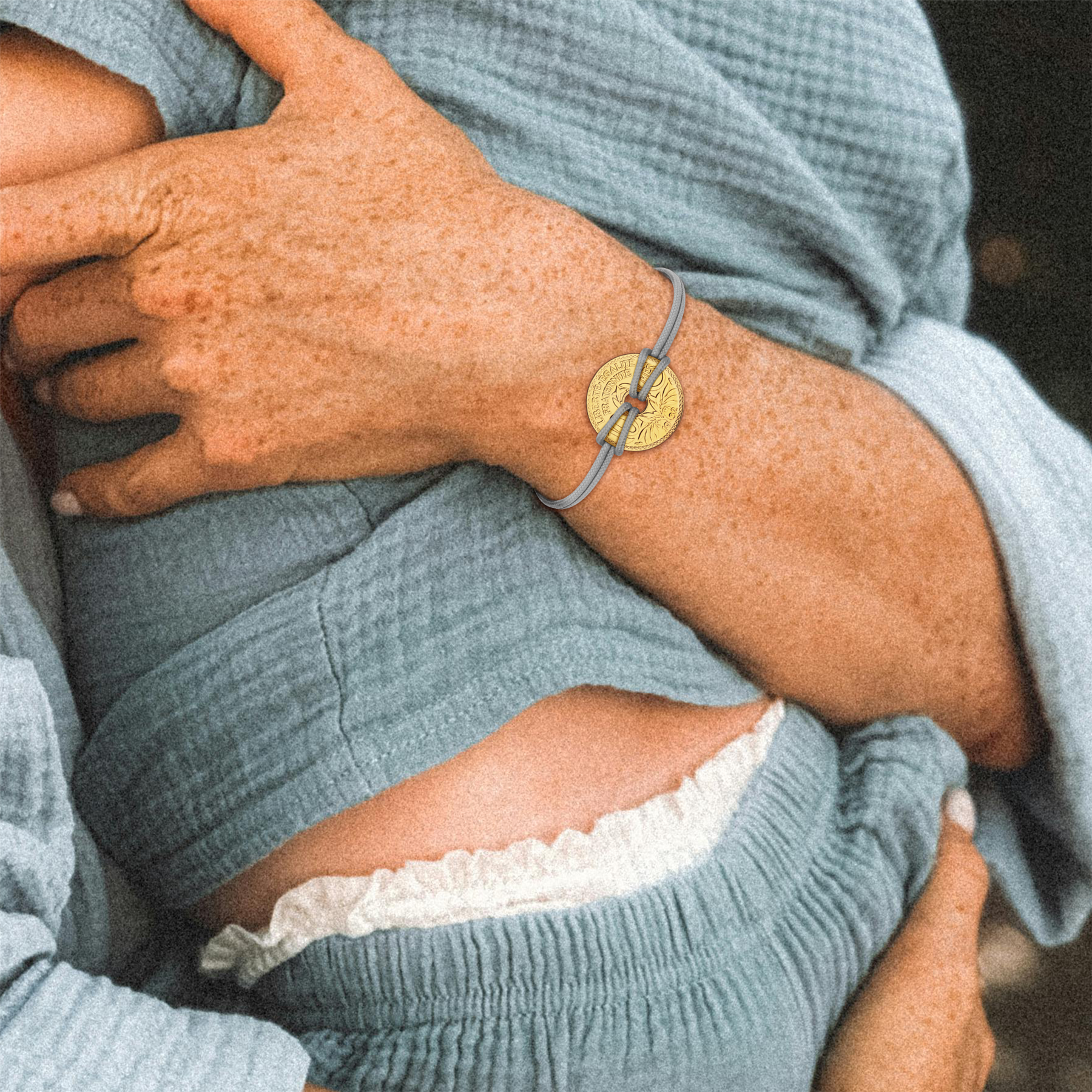 Good Luck Coin Bracelet | Gray String Thread Wristband | France Coin 10 Centimes | 18k Gold Plated Fortune Wealth & Protection