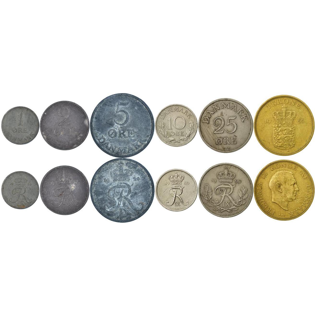 Denmark | 6 Coin Set | 1 2 5 10 25 Ore 1 Krone | 1947 - 1964